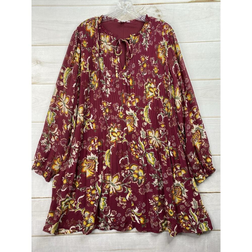 Time & Tru Dress XL 16/18 Burgundy Keyhole Floral Boho Hippie Lightweight Flowy